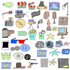 Set doodle cinema icons isolated on white background