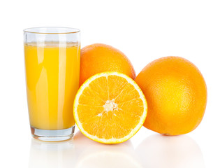 Juice glass and orange fruit isolated on white background