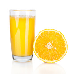 Juice glass and orange fruit isolated on white background