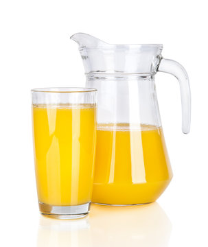Full glass and Jug of orange juice isolated on white background