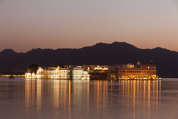 Taj Lake Palace at night, Udaipur, Rajasthan.