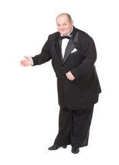 Elegant fat man in a bow tie pointing