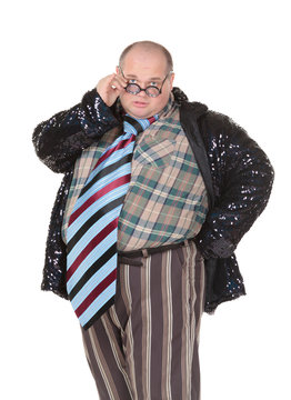 Obese man with an outrageous fashion sense