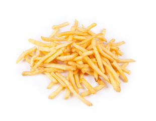 a pile of appetizing french fries on a white background