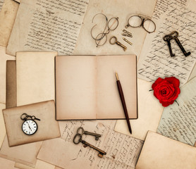 antique accessories, old letters, watch, red rose