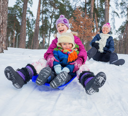 Funny family is sledging in winter-landscape