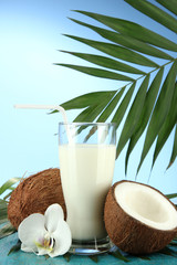 Coconuts with glass of milk,  on blue background