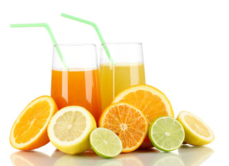 Lots ripe citrus with juices isolated on white