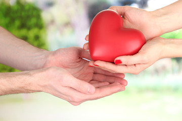Fototapeta na wymiar Czerwone serce na dłoni kobiety i mężczyzny, na zielonym tle