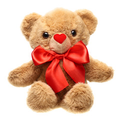 Classic teddy bear with red bow isolated on white background