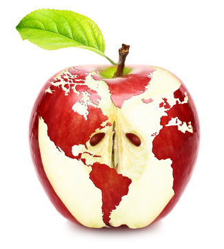 World map on red apple isolated on white background.