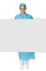 Happy Female Surgeon Holding Placard