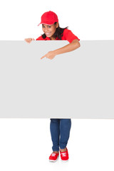 Young Pizza Woman Presenting Banner
