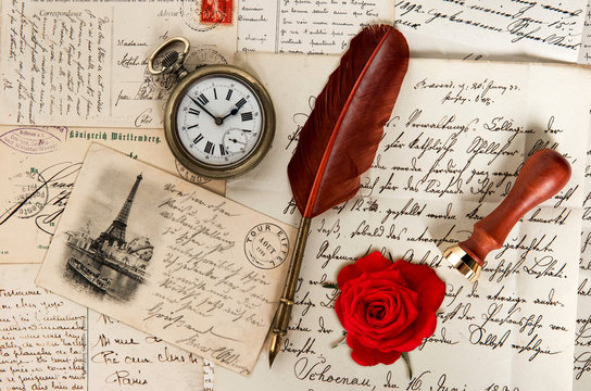 old letters, french post cards, antique feather pen