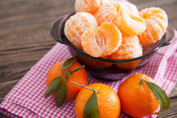 Peeled tangerines on a table