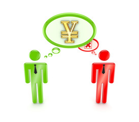 3d small people, yen symbol and cross mark.