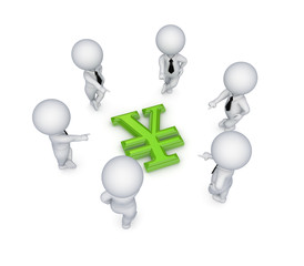 3d small people around yen symbol.