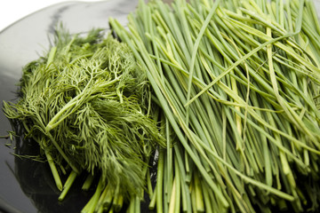 Frischer Dill und Schnittlauch auf Teller