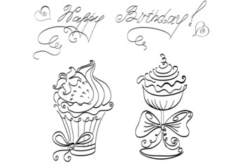 Vector hand drawing set of cute sweet cupcakes