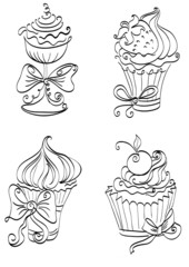 Vector hand drawing set of cute sweet cupcakes
