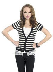 Obraz premium Pretty young woman in stripy t-shirt posing