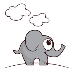 Funny cartoon elephant on a hill, vector illustration