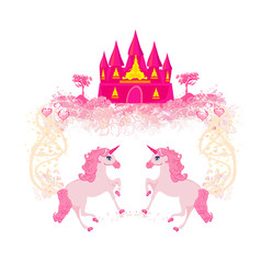 Paysage de conte de fées avec château magique rose et licornes