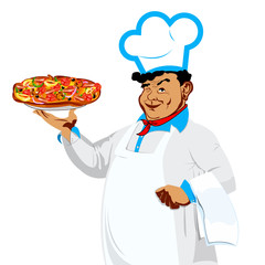 Funny Chef and italian pizza on a white background