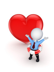 3d smal person with a lifebuoy and red heart.