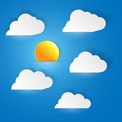 Blue sky with paper clouds and sun. Vector illustration.