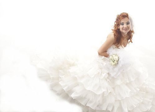 Happy beautiful bride white background 