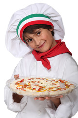 Horizontal photo of child with pizza