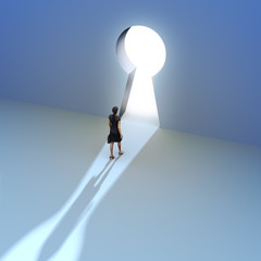Obraz premium Key to success, Female walking to the entrance of a keyhole