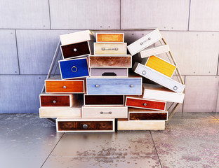 Wooden colored drawers, deco art , abstract background.