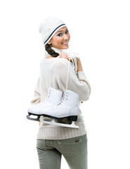 Female figure skater keeps skates, isolated on white