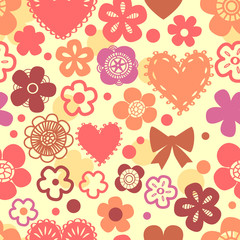 Colorful flowers and hearts seamless background, vector