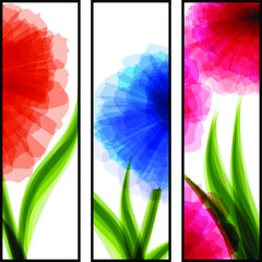 Three vertical banners with transparent flowers