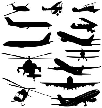 helicopters and planes silhouettes set