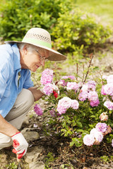 Senior woman with flowers in garden