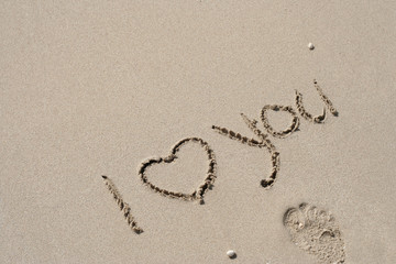 Conceptual handwritten love you text in sand