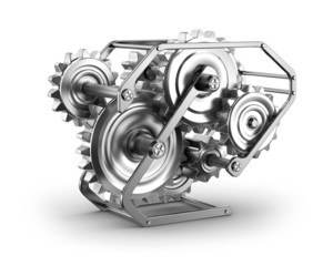 Gears and cogs - mechamism in metal frame