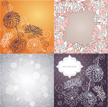 Vector set of card designs with ornamental dahlia flowers.