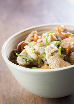 Wok with vegetables and chicken with soy sauce