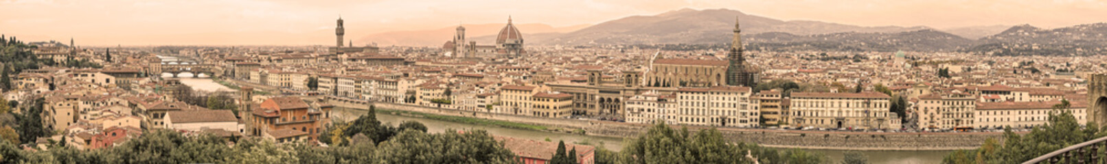 Florence aerial cityscape. Panoramic view. Sepia toned.