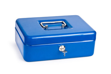 Blue metal cash box isolated on white background.