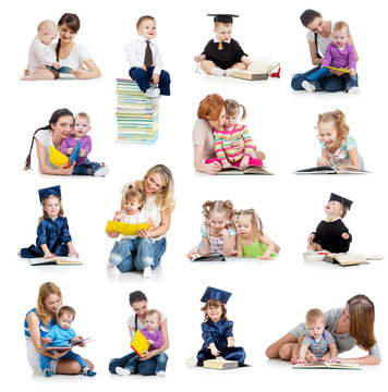 Collection of babies or kids reading a book. Concept of educatio