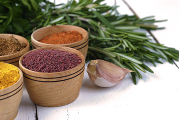Different kinds of seasonings and herbs