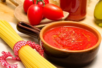 delicious tomato sauce, with pasta and ingredients