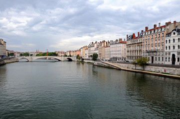 Fototapeta na wymiar Bonaparte Bridge over Saone River in Lyon, France