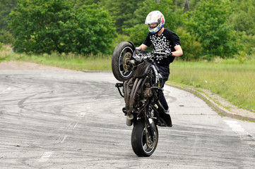 Stunt rider making wheelie - obrazy, fototapety, plakaty